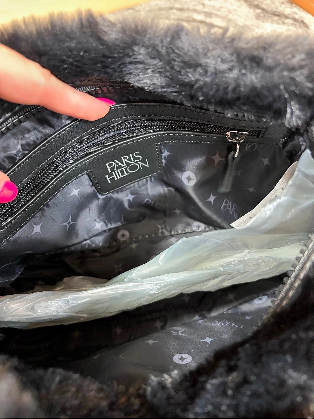 Paris Hilton Faux Fur Shoulder Bag with Rhinestone Script Logo Black NWT - Picture 4 of 7